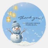 Blue Elegant Whimsical Winter Snowman Baby Dusche Runder Aufkleber (Vorderseite)