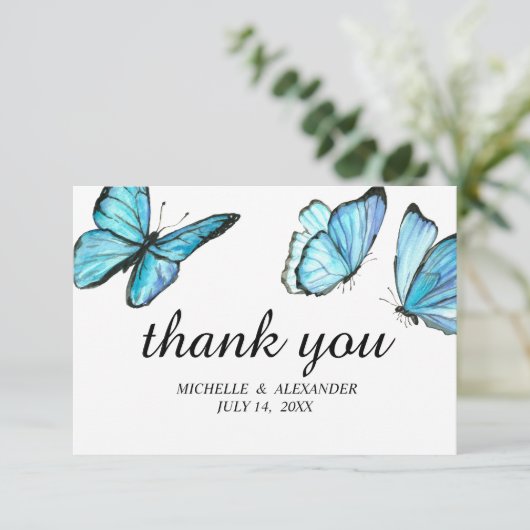 Blue elegante Aquarellschmetterlinge Vielen Dank Einladung (Stehend Vorderseite)