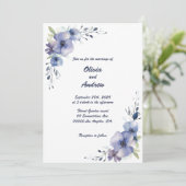 Blue Elegante Blume: Einladung zur Hochzeit (Stehend Vorderseite)