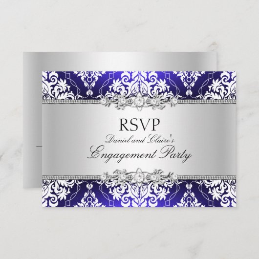 Blue Elegante Damask Engagement Party UAWG Einladung (Vorne/Hinten)