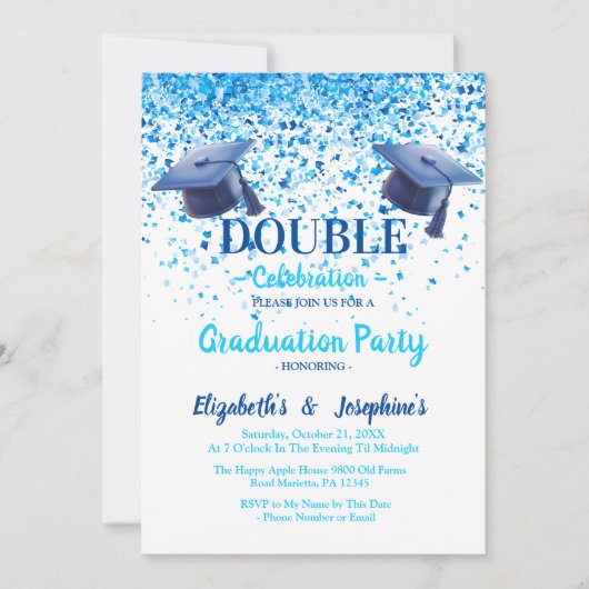 Blue Elegante Double Celebration Graduation Party Einladung (Vorderseite)
