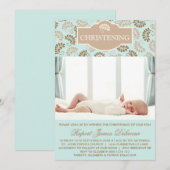 Blue Elegante Floral Christening Foto Einladung (Vorne/Hinten)