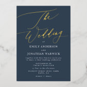 Blue Elegante Gold Die Hochzeit Folieneinladung (Vorderseite)