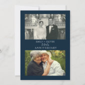 Blue Elegante Gold Leaf Jubiläum Foto Einladung (Rückseite)