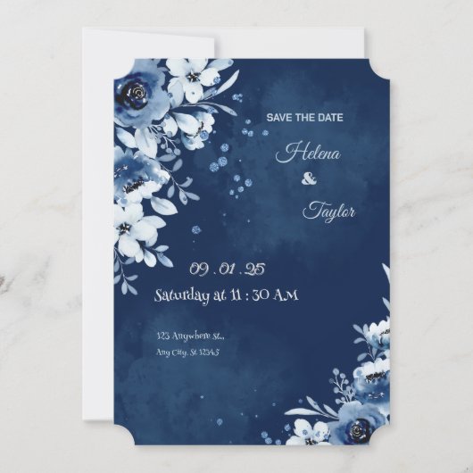 Blue Elegante Hochzeit Save the Date Einladung (Vorderseite)