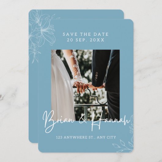 Blue Elegante Kontur Lily Border Save the Date (Vorne/Hinten)