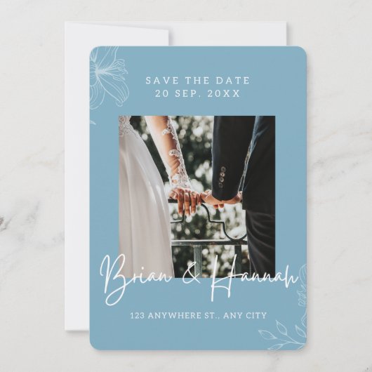 Blue Elegante Kontur Lily Border Save the Date (Vorderseite)