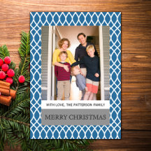Blue Elegante Lattice Holiday Foto Flat Card