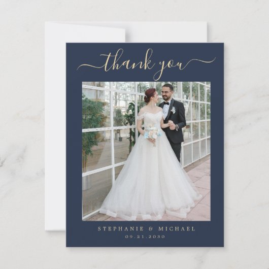Blue Elegante Script 2 Foto Hochzeit Gold Script Dankeskarte (Vorderseite)