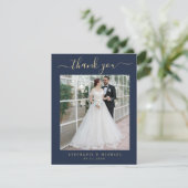 Blue Elegante Script 2 Foto Hochzeit Gold Script Dankeskarte (Stehend Vorderseite)