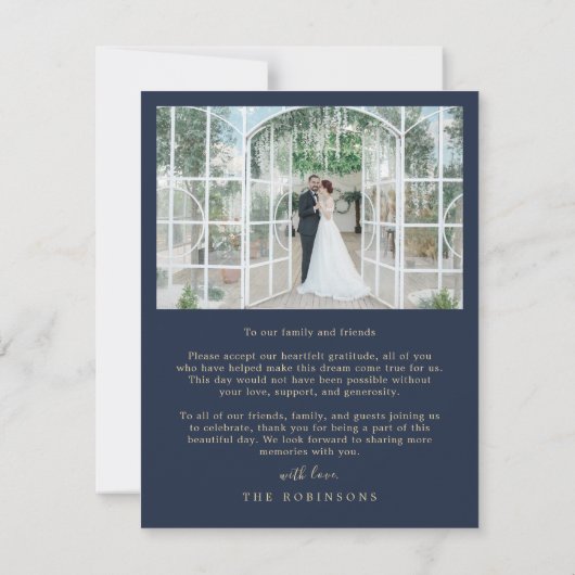 Blue Elegante Script 2 Foto Hochzeit Gold Script Dankeskarte (Rückseite)