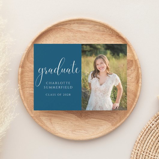 Blue Elegante Script Abschluss Foto Einladung