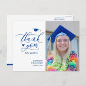 Blue Elegante Script Foto Abschluss Vielen Dank Postkarte (Vorne/Hinten)