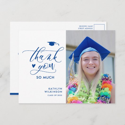 Blue Elegante Script Foto Abschluss Vielen Dank Postkarte (Vorne/Hinten)