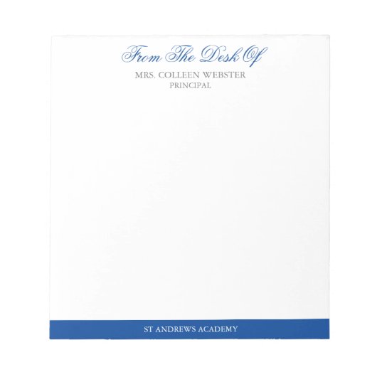 Blue Elegante Script Note from School Principal Notizblock (Vorderseite)
