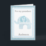 Blue Elephant 1. Geburtstag Grandson Karte<br><div class="desc">Ein süß blauer Elefant 1. Geburtstagskarte. Es ist mit einem weichen, blauen Wasserfarbenelefanten ausgestattet, der "1. Geburtstag" sagt. Sie können die Vorderseite der Karte mit dem Namen Ihres Enkels personalisieren. Die Insider-Kartenmeldung kann auch leicht personalisiert werden. Auf der Rückseite dieser Elefanten-Enkel 1. Geburtstagskarte befindet sich der gleiche blaue Elefant, den...</div>