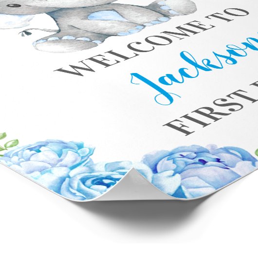 Blue Elephant 1st 2nd 3rd Birthday Party Welcome Poster (Ecke)
