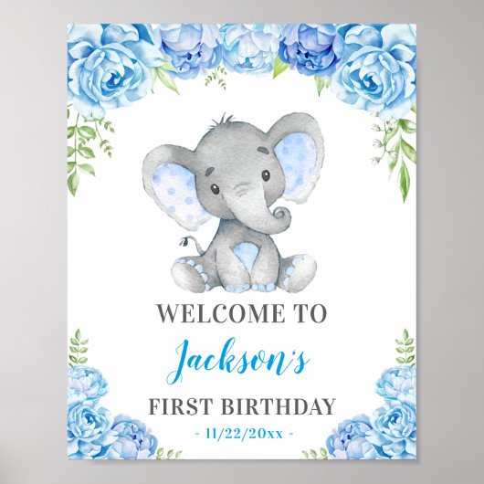 Blue Elephant 1st 2nd 3rd Birthday Party Welcome Poster (Vorne)