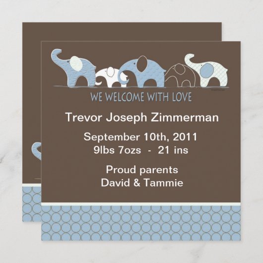 Blue Elephant Baby Annoucement ohne Foto Ankündigung (Vorne/Hinten)