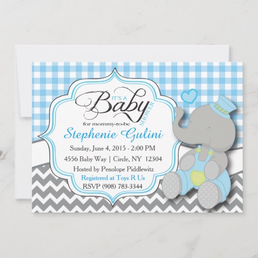 Blue Elephant Baby Boy Dusche einladen Einladung (Vorderseite)