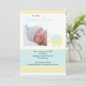 Blue Elephant Baby Boy Foto Announccard Ankündigung (Stehend Vorderseite)