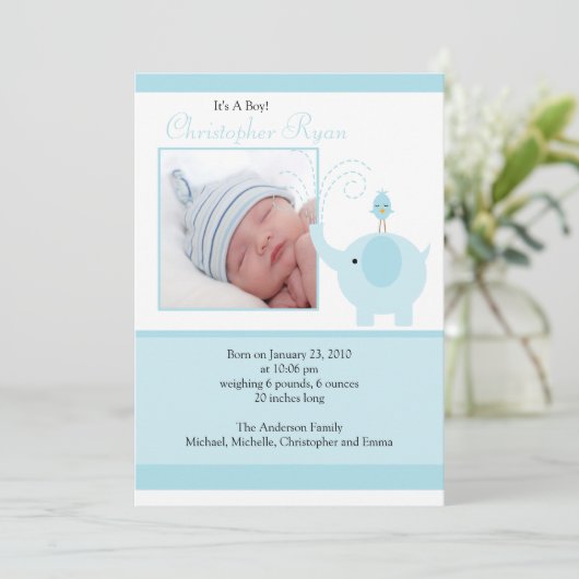 Blue Elephant Baby Boy Foto Announccard Ankündigung (Stehend Vorderseite)
