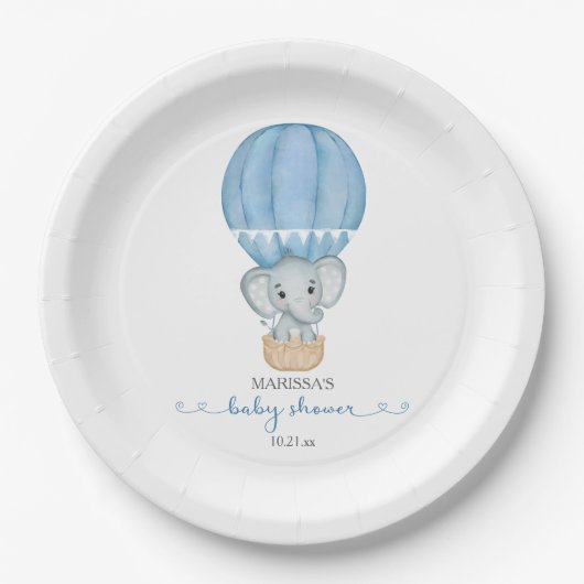 Blue Elephant Baby Boy Shower Paper Plate Pappteller (Vorderseite)