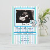 Blue Elephant Baby Boy Ultrasound Baby Dusche Einladung (Stehend Vorderseite)