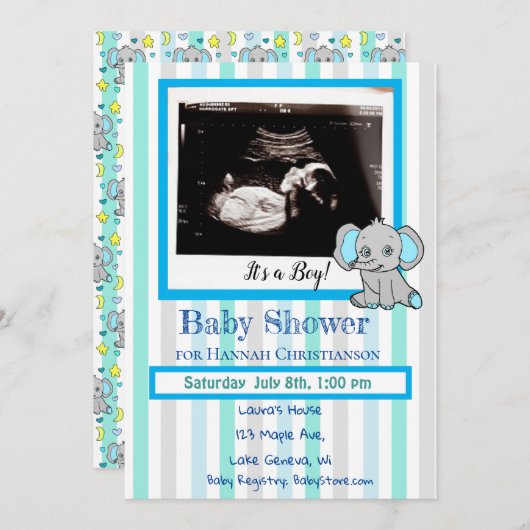 Blue Elephant Baby Boy Ultrasound Baby Dusche Einladung (Vorne/Hinten)