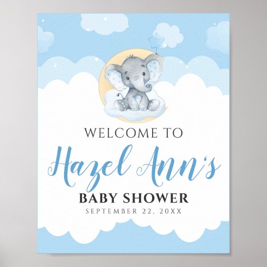 Blue Elephant Baby Dusche Begrüßungszeichen Poster (Vorne)