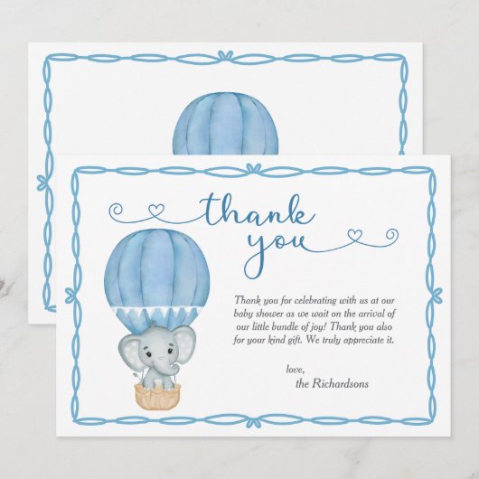 Blue Elephant Baby Dusche Dankeskarte (Vorne/Hinten)