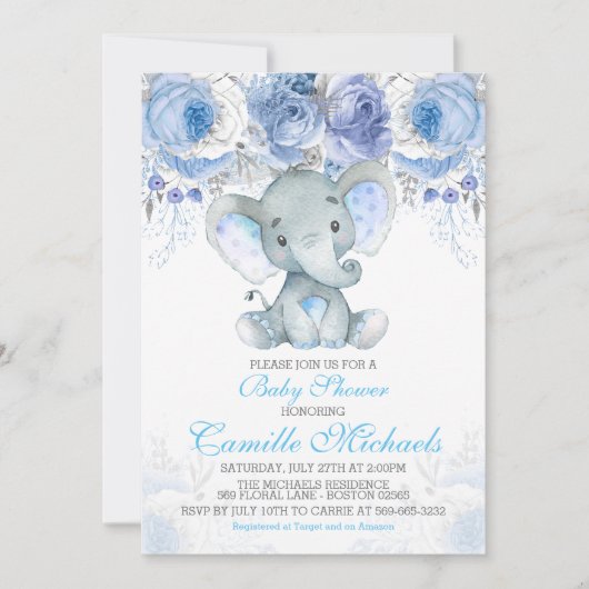 Blue Elephant Baby Dusche Einladung (Vorderseite)