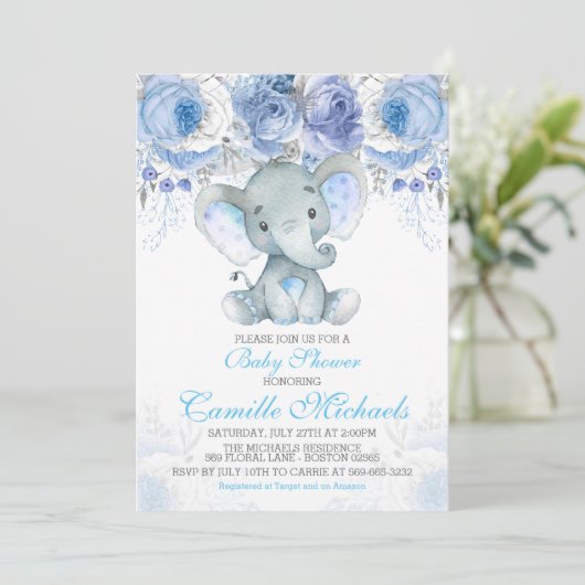Blue Elephant Baby Dusche Einladung (Stehend Vorderseite)