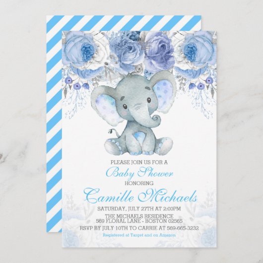 Blue Elephant Baby Dusche Einladung (Vorne/Hinten)