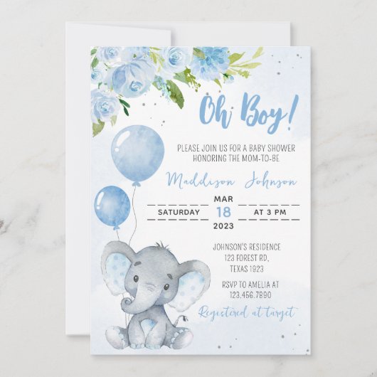 Blue Elephant Baby Dusche Einladung (Vorderseite)