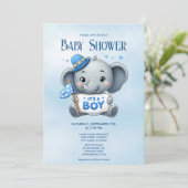 Blue Elephant Baby Dusche Einladung (Stehend Vorderseite)