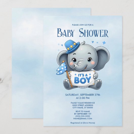 Blue Elephant Baby Dusche Einladung (Vorne/Hinten)