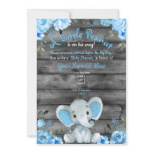 Blue Elephant Baby Dusche Einladung, rustikal