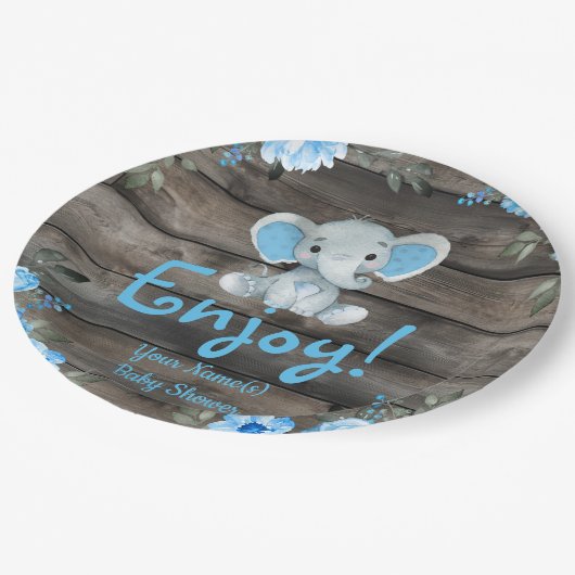 Blue Elephant Baby Dusche Einladung, rustikaler Ju Pappteller (Schrägansicht)