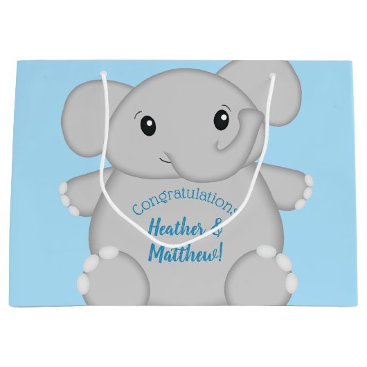 Blue Elephant Baby Dusche Große Geschenktüte (Vorderseite)