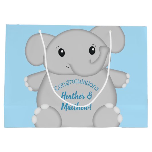 Blue Elephant Baby Dusche Große Geschenktüte (Rückseite)