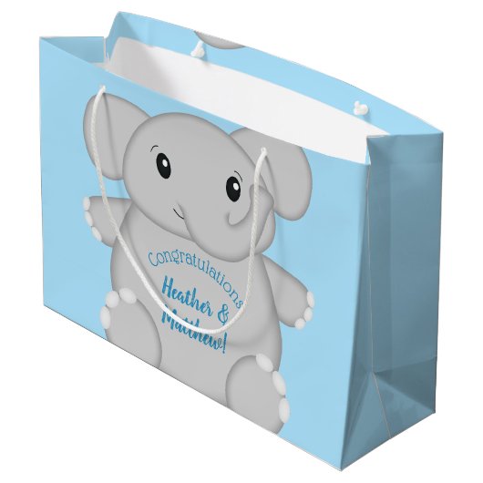 Blue Elephant Baby Dusche Große Geschenktüte (Rückseite Schrägansicht)