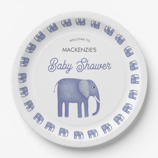 Blue Elephant Baby Dusche Pappteller (Vorderseite)