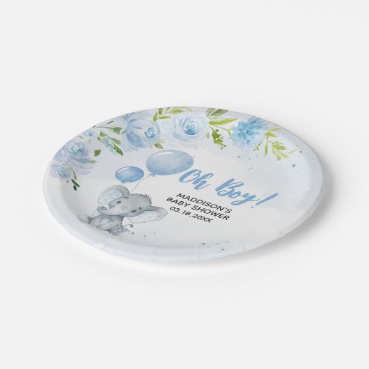 Blue Elephant Baby Dusche Pappteller (Schrägansicht)