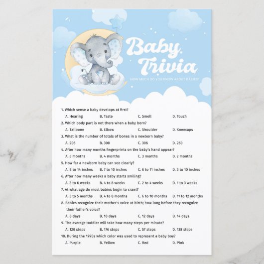 Blue Elephant Baby Shower Baby Trivia Game (Vorderseite)