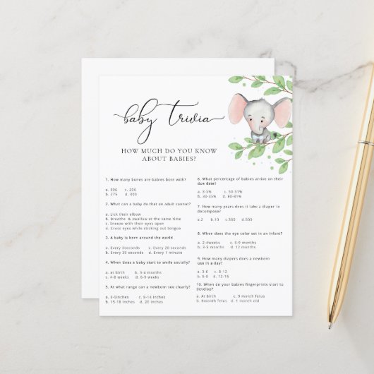 Blue Elephant Baby Shower Baby Trivia Game (Vorderseite/Rückseite Beispiel)