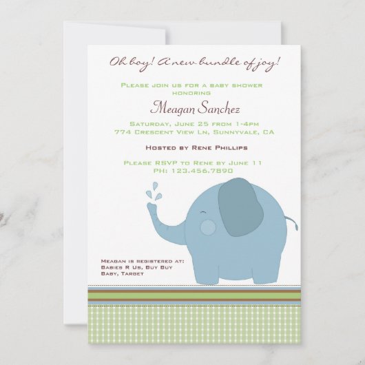 Blue Elephant Baby Shower Einladung (Vorderseite)