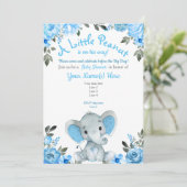 Blue Elephant Baby Shower Einladung, Blumenjungen Einladung (Stehend Vorderseite)