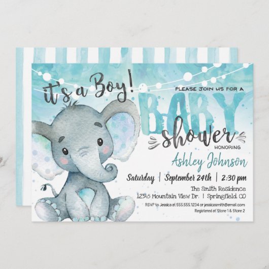 Blue Elephant Baby Shower Einladung, Junge Einladung (Vorne/Hinten)