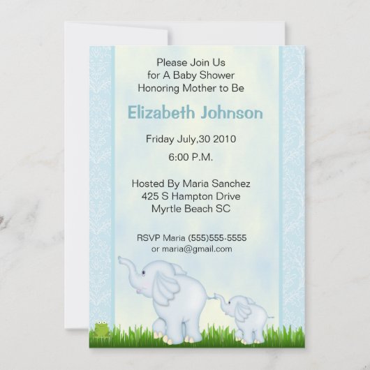 Blue Elephant Baby Shower Einladungen (Vorderseite)